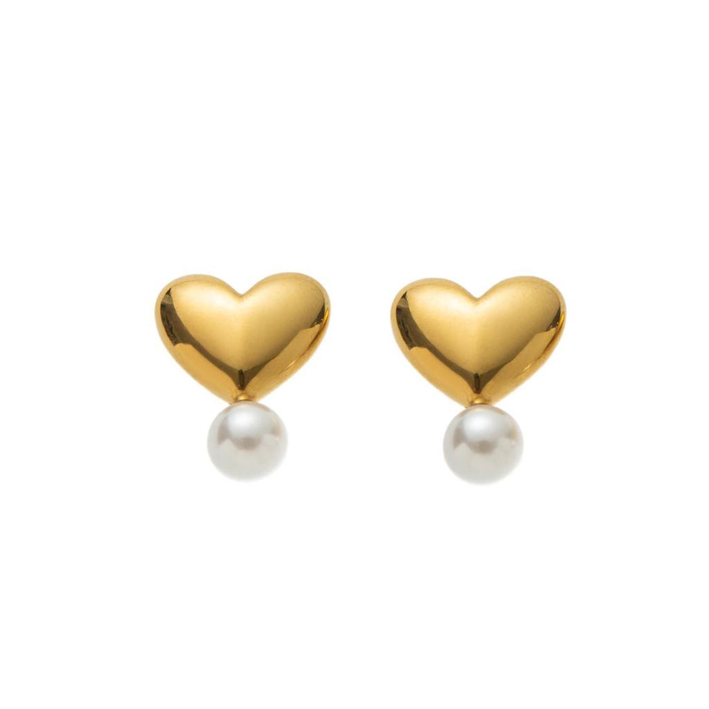 European & American 18K Gold-Plated Heart-Shaped Pearl Earrings with Musical Note Design