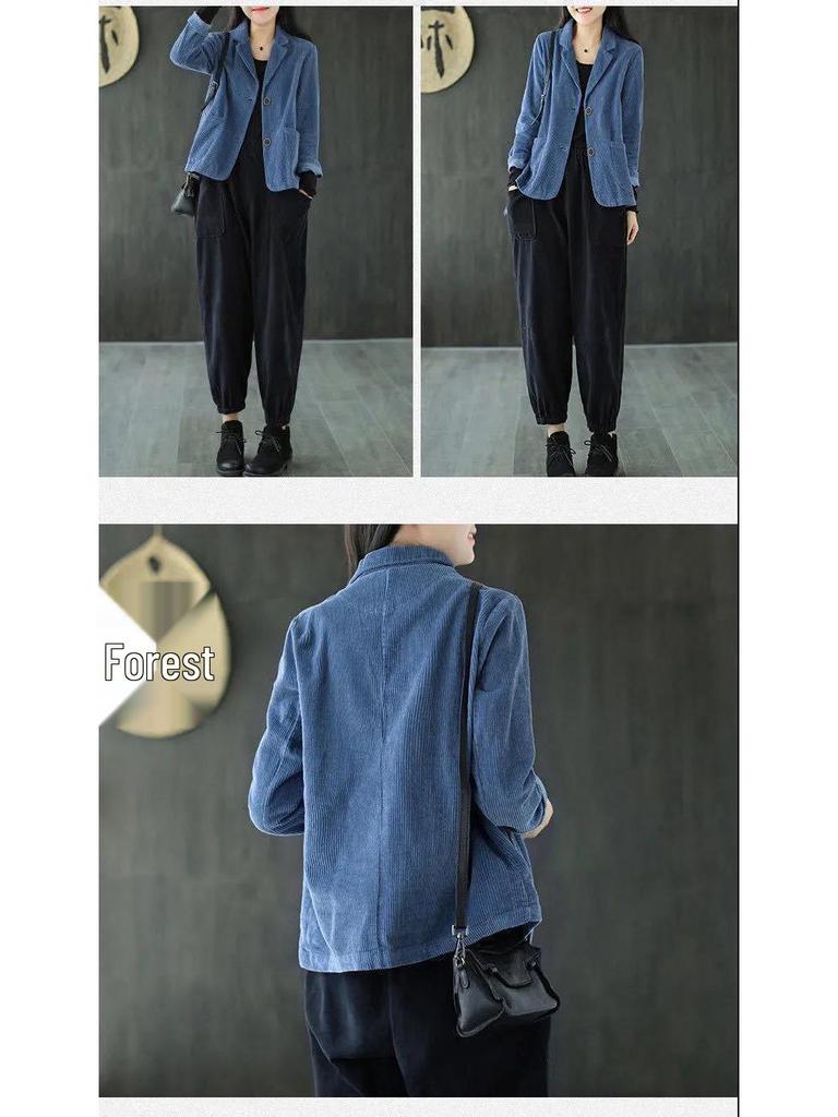 Spring 2023 Women's Corduroy Suit Collar Jacket - Retro Casual Solid Color Long Sleeve Outerwear
