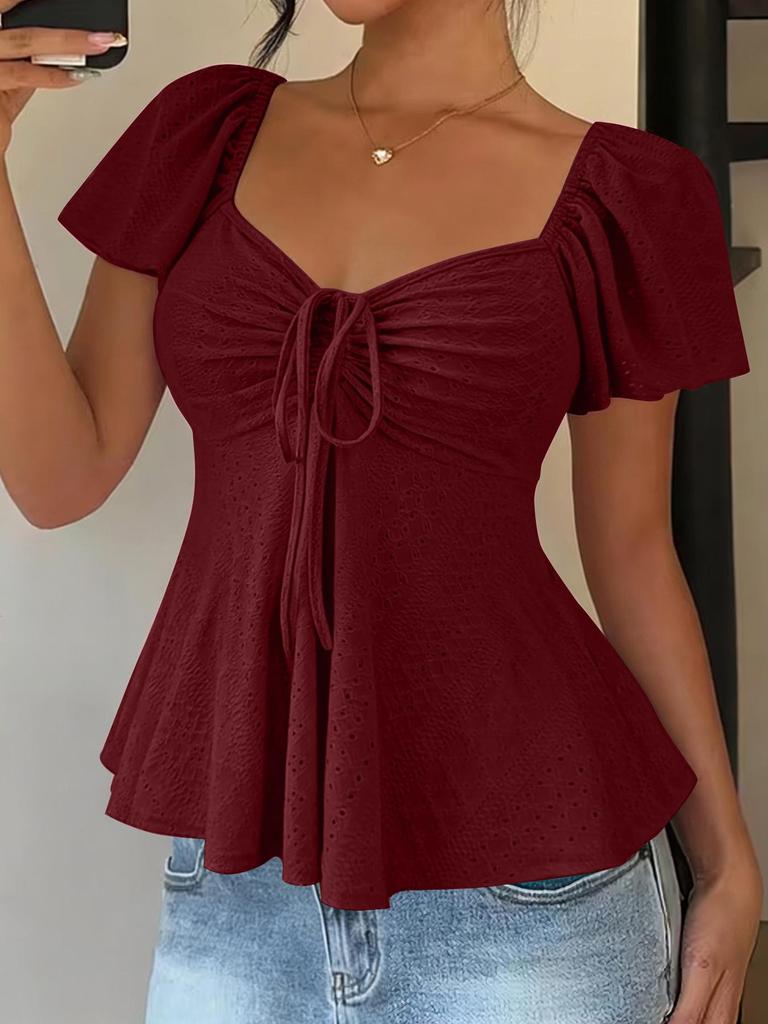 2026 Summer European & American V-Neck Drawstring Short-Sleeve Plain T-shirt for Women