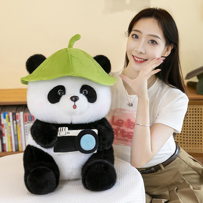Lotus Leaf Hat Camera Panda Plush Toy Cartoon Stuffed Doll Decoration Gift Kids