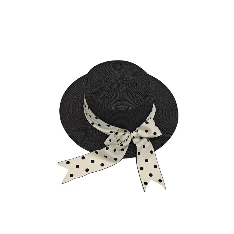 Hat Women's Summer Sunshade Sunscreen Hat Elegant Polka Dot Long Streamer Flat Top Hat Seaside Vacation Hat