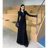 Korean Contrasting Color POLO Collar Long-sleeved Dress Women's Spring New High-end Waist Thin Inner Long Dress