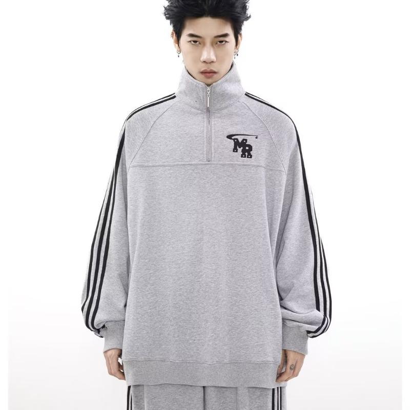 Men's Autumn American Retro Sports Suit: High-Street Stand-Up Collar Sweater and Trousers Two-Piece Set