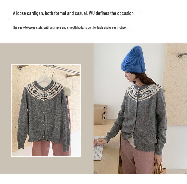 Women's Retro Color Block 100% Wool Cardigan - Round Neck Knit Jacquard Sweater for Autumn & Winter