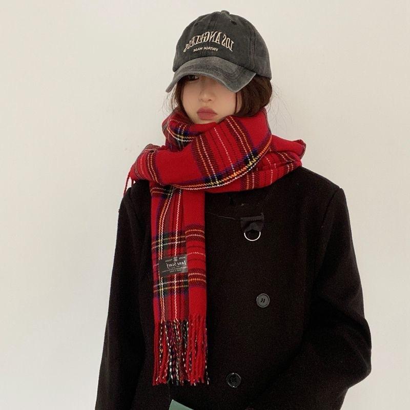 Red Scarf for Women In Winter Korean Style Plaid Versatile Warm High End Trendy New Year Gift Christmas Scarf Shawl