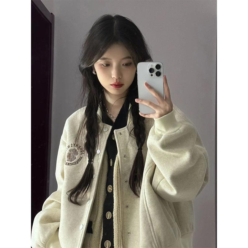 Women's Long Sleeve Baseball Jacket Solid Color Loose Oversized Casual Coat Lazy Style Button Outerwear