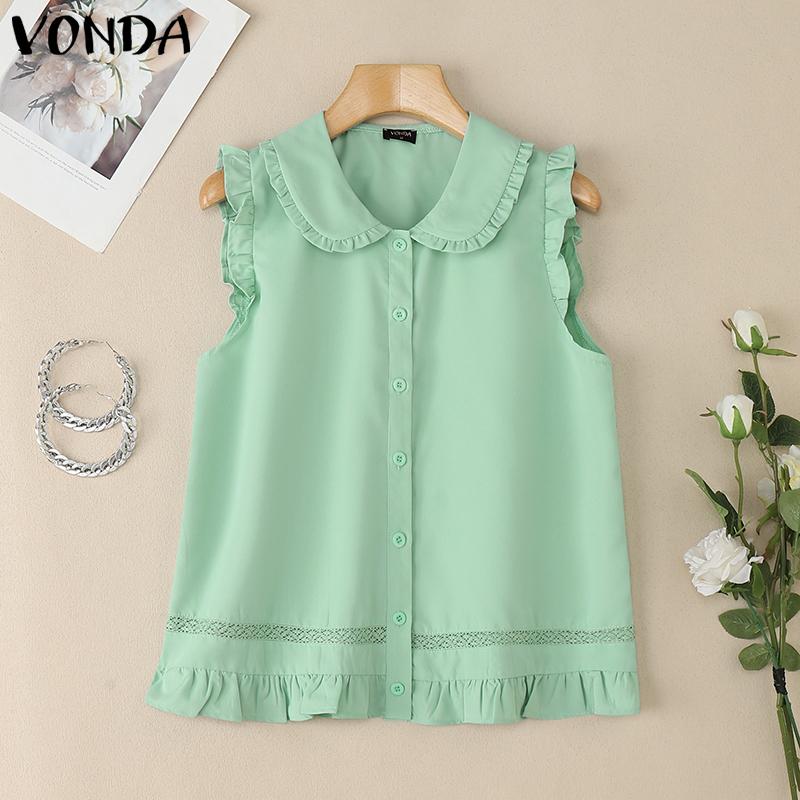 VONDA Women Doll Collar Sleeveless Ruffled Hem Button Down Crochet Casual Tank Tops