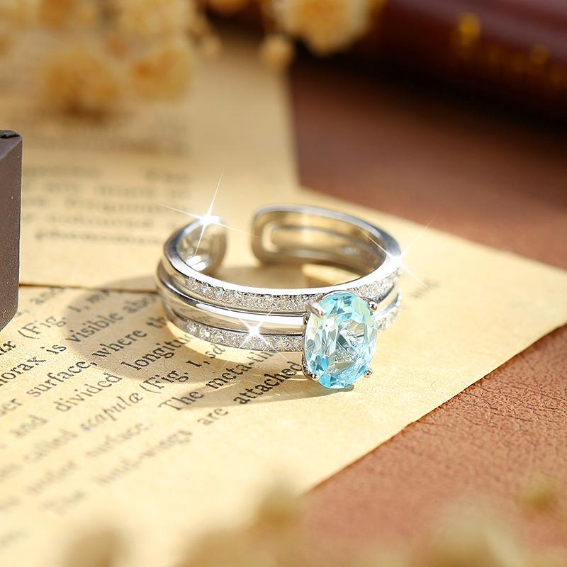 S925 Sterling Silver 2-in-1 Couple Ring, Natural Crystal Topaz Adjustable Band, Luxury INS Style Minimalist Jewelry, Gift for Lovers