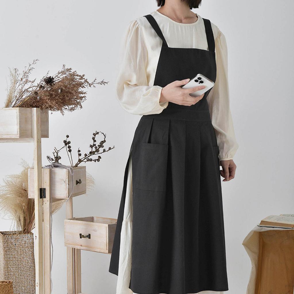 Bavlněná lněná zástěra pro ženy Vintage voděodolná zástěra Zástěra šaty s kapsami na pečení vaření zahradničení práce