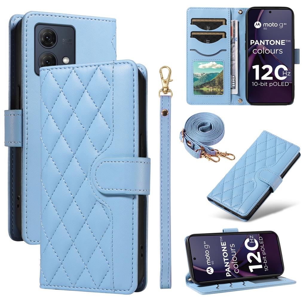 For Motorola Moto G84 5G Case Wallet Rhombus Leather Phone Cover with Shoulder Strap,Wrist Strap