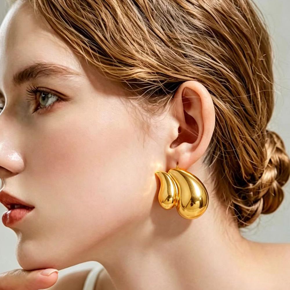 18K Gold Double Layer Titanium Steel Water Drop Stud Earrings - Light Luxury High-end Design