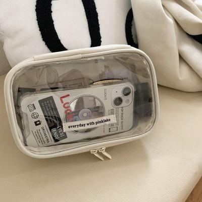 Beige Transparent Cosmetic Bag Women Elegant Waterproof Makeup Pouch Travel Toiletries Organizer Storage Bag