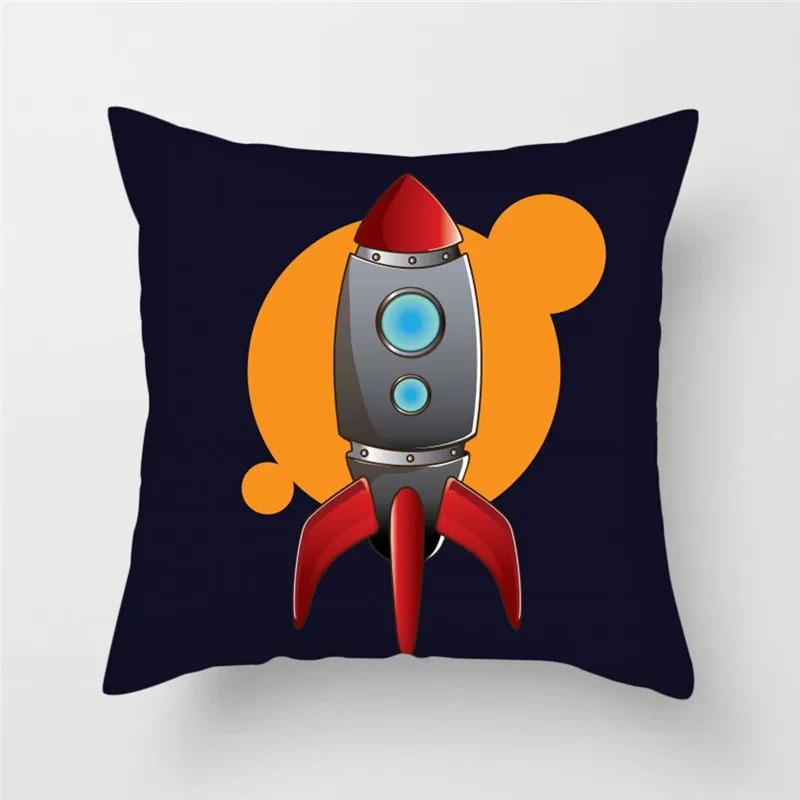 Cartoon Astronaut & Rakete Raumschiff Kissenbezug Deko Weltraum-Thema Kissenhülle für Sofa Schlafzimmer, Galaxie-Druck Kissenbezug