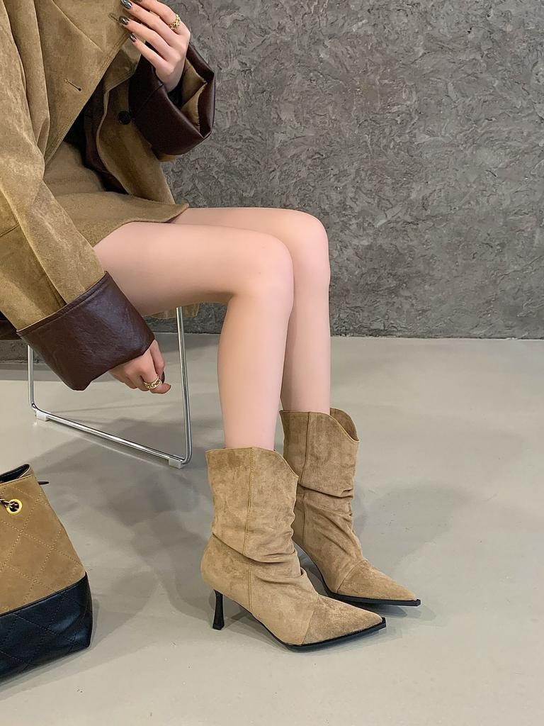 Stiletto French Temperament Leopard Print Pointed Short Boots Women's Boots Autumn 2025 New Suede Medium Tube Stacking Boots