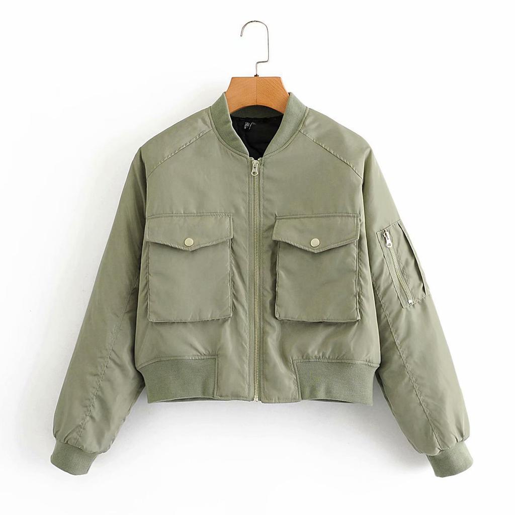 Ladies' Solid Color Fashionable Large Pocket Long Sleeved Zipper Casual Top  Jacket Jacket