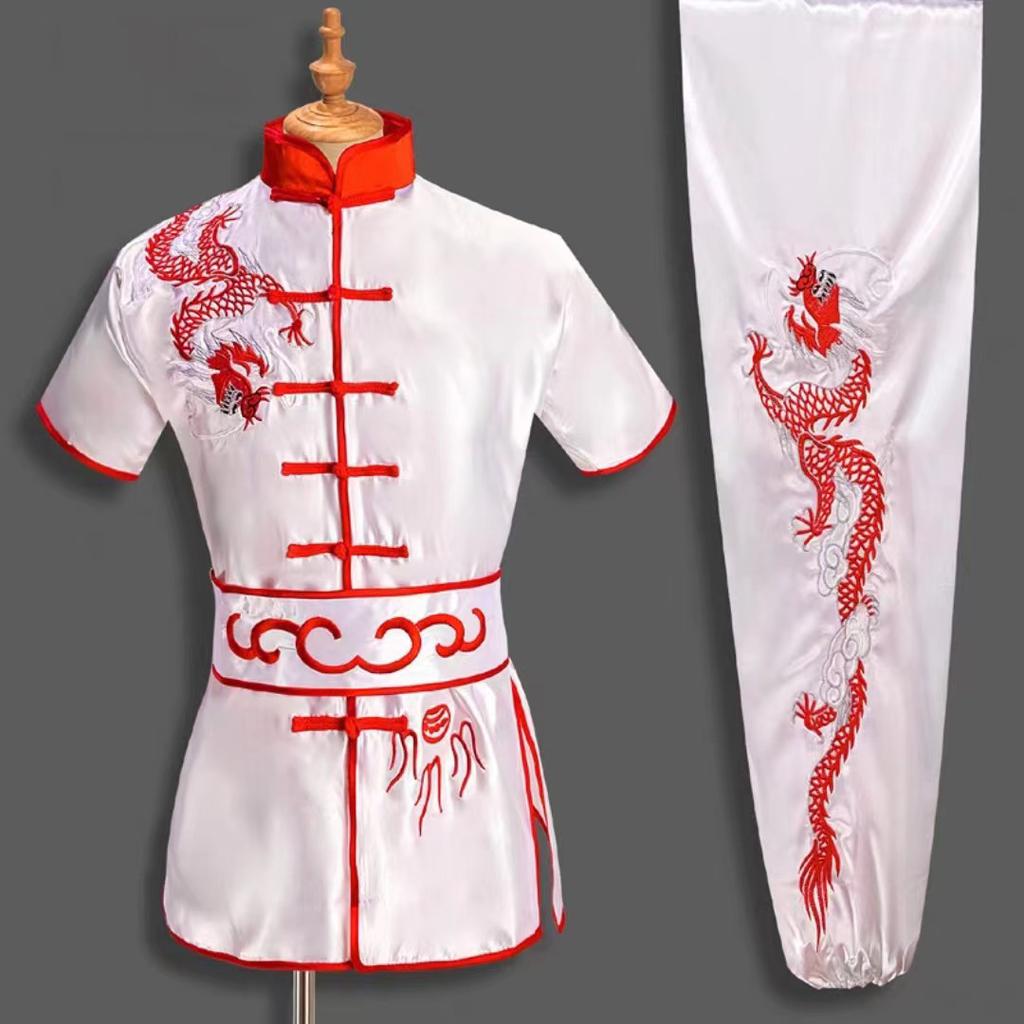 Męski Styl Chiński Kobiety Dzieci Haftowany Smok Strój Kung Fu Tai Chi Wushu Uniform Zestawy Kurtka Spodnie Sport na Zewnątrz
