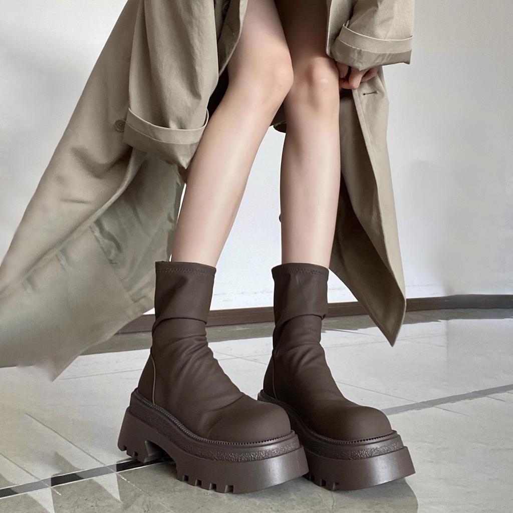 Kurze Stiefel Damen Dicksohlige Elastische Stiefel 2025 Herbst Neu Dünne Stiefel Vielseitige und Schlankmachende Stacking-Stiefel Kleine Damenstiefel