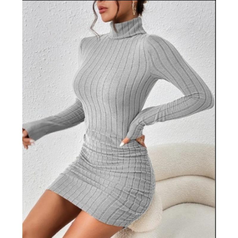 

Модное женское трикотажное короткое платье с высоким воротом, осень и зима, новое повседневное платье с длинным рукавом и полоской, облегающее, с поясом на бедрах, простая одежда 2708 XL светло-серый