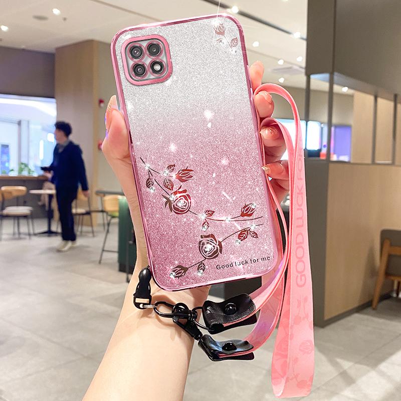 KADEM For Samsung Galaxy A22 5G (EU Version) Case TPU Flower Glitter Phone Cover with Strap