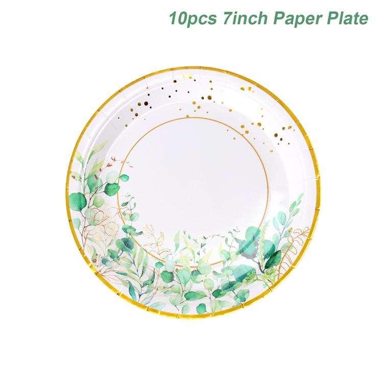 Sage Green Leaves Disposable Tableware Gold Edge Paper Plate Cup Napkins Wedding Decor Birthday Hawaiian Party Decoration