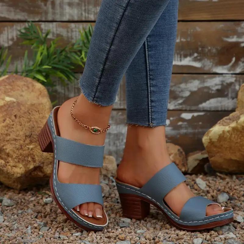 Fashion Vintage Open Toe Outside Slippers Women 2025 Summer High Heels Comfortable Sandals Women Classic Blue Back Strap Daily Shoes
