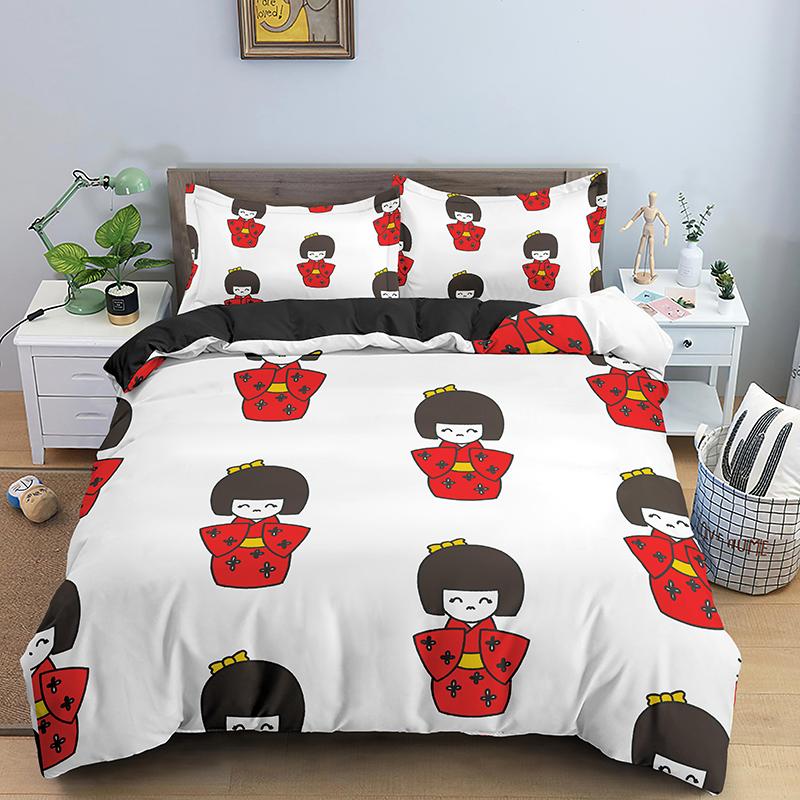 Japanese Doll Printed King Queen Duvet Cover Cartoon Lucky Cat Bedding Set For Kids Girls Fan White 2/3PCS Polyester Quilt Cover