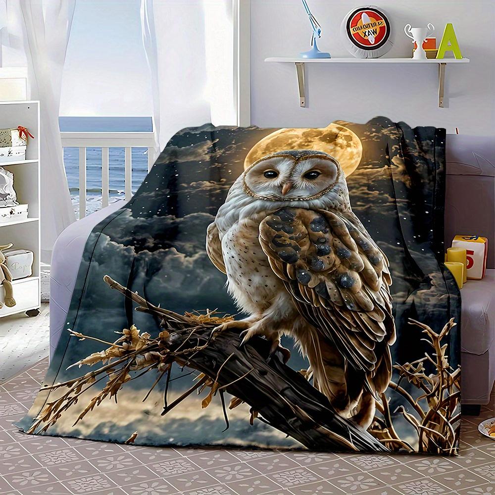 Cozy All-Season White Owl on Tree Top Print Throw Blanket - Soft, Warm Flannel with Starry Night Design for Couch, Bed, Office