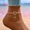 New Fashion Shiny Bling Heart Drop Tassel Charm Double Layer Anklet Women Beach Foot Chain Vacation Jewelry Summer Accessories