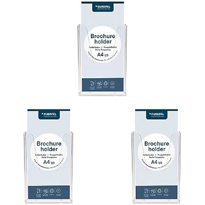 Porte-brochures mural - EUROPEL - 1/3 A4 - Plastique robuste - Lot de 3 - Design clair