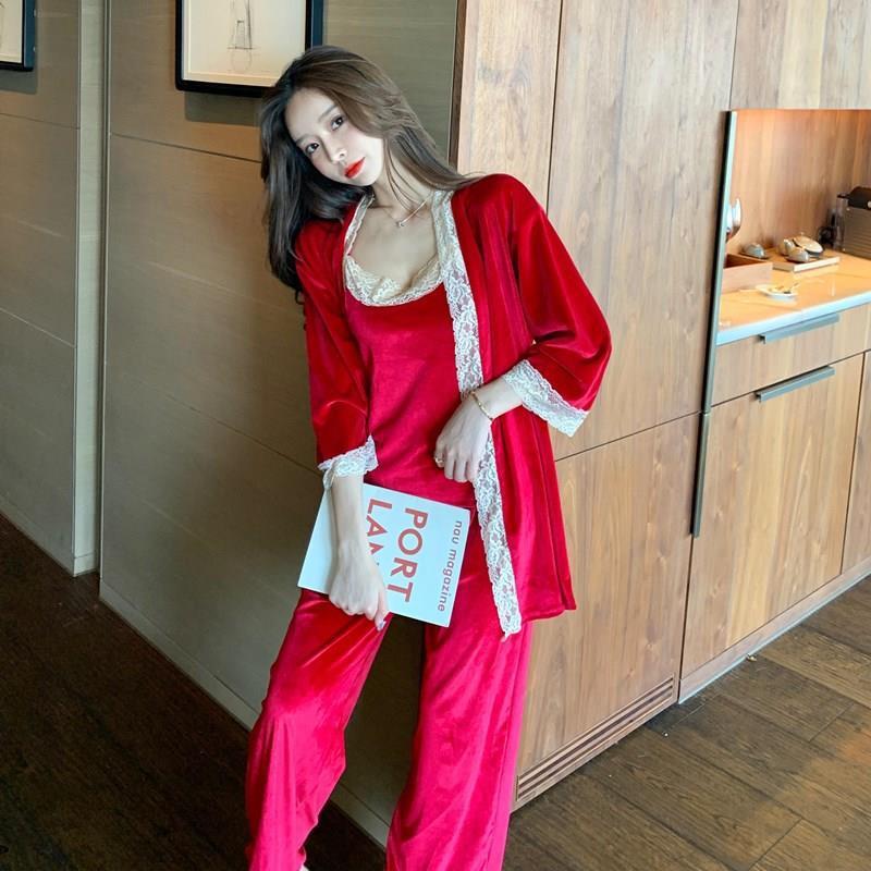 Autumn Winter New Female 3PCS Velvet Pajamas Set Sleepwear Casual Women Velour Lace Nightwear Pijamas Suit Loose Home Wear