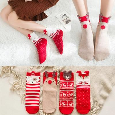 Three-dimensional Women Lot Pack Socks Scarlet Cartoon Christmas Cute Japanese Style Elk Happy Funny Cotton Socks 4 Pairs