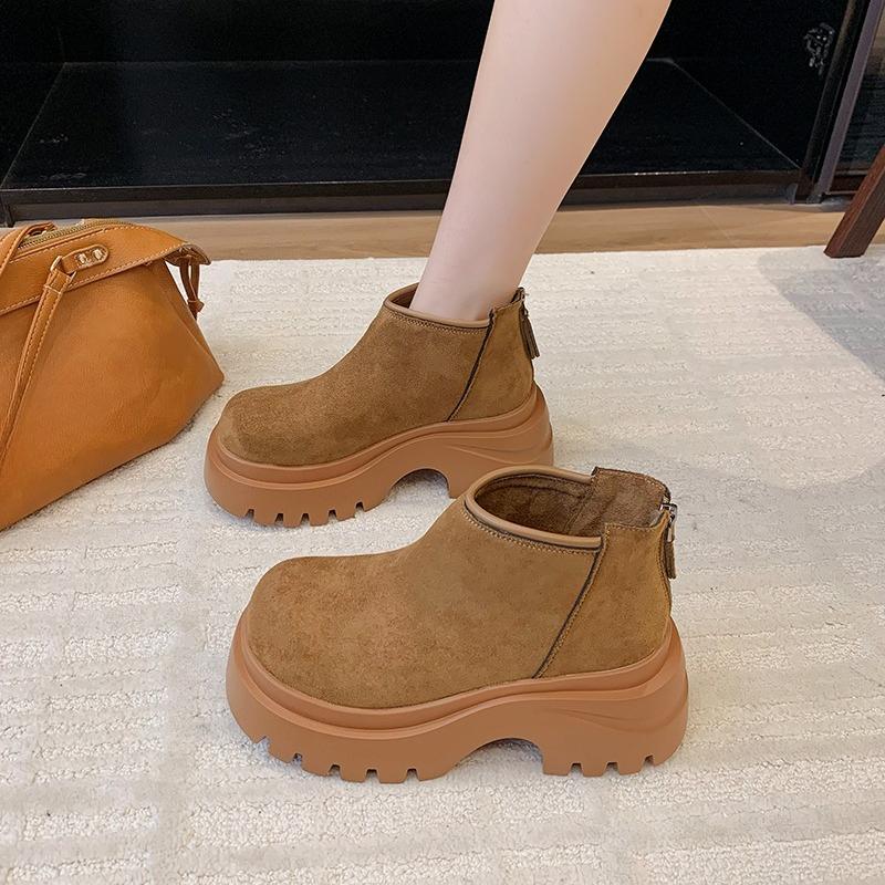 Platform Block Heel Single Boots Autumn New Round Toe Suede Rear Zipper Anti-Slip Wear-Resistant Short-Thigh Boots