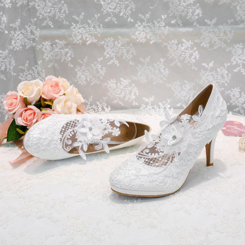 White lace high heels waterproof table round head wedding shoes large size fashion women's shoes rhinestone shoes flower bridesmaid shoes 43