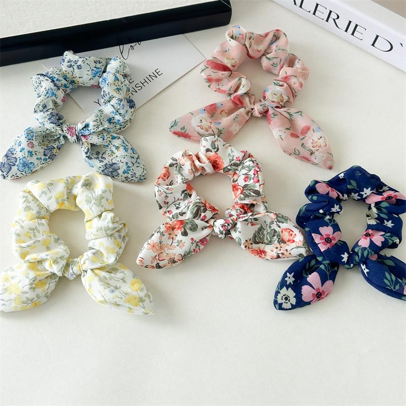 Romantic Floral Print Scrunchies Soft Chiffon Hair Ties Summer Sweet Garden Style Hair Accessories For Teen Girls Party