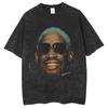 Herren Sommer Vintage Wash T-Shirt Harajuku Hip Hop Streetwear Rodman Kopfprint Kurzarm Oversize Herren und Damen Coup