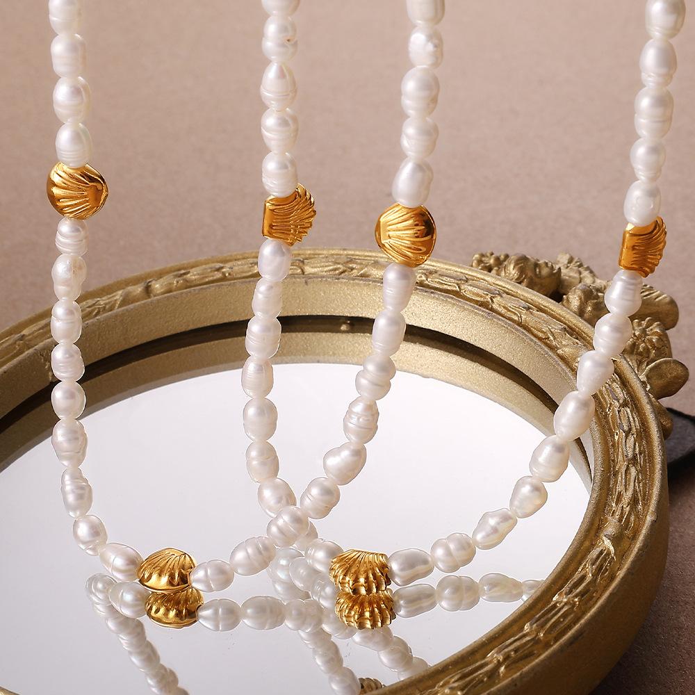 French Seaside Beach Wind Shell Gold Bean Natural Freshwater Pearl Bracelet Necklace Stainless Steel Gold-plated Set