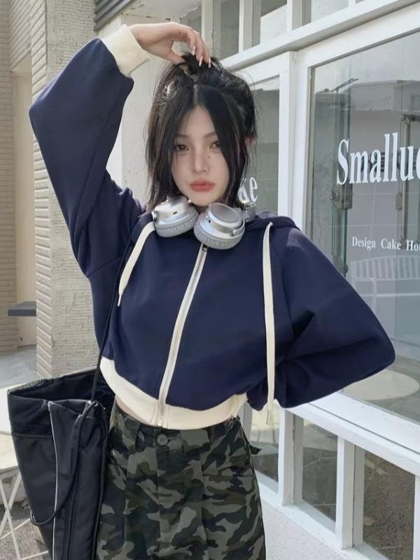 Women's Retro Color-Block Hooded Zipper Sweatshirt - Autumn/Winter 2023 Collection