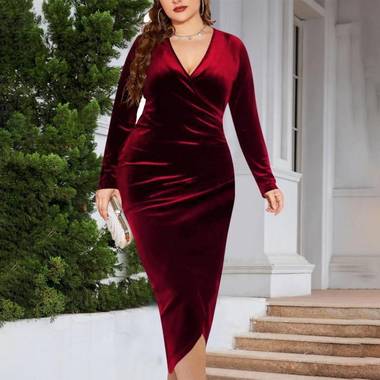 Moda Damska Plus Size Aksamitna Sukienka Etui Seksowna Jednolity Kolor Plisowana Dekolt V Długi Rękaw