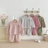 Spring Arrival: Unisex Waffle Knit Two-Piece Set for Toddlers & Kids with Letter Embroidery - Korean Style Home Wear