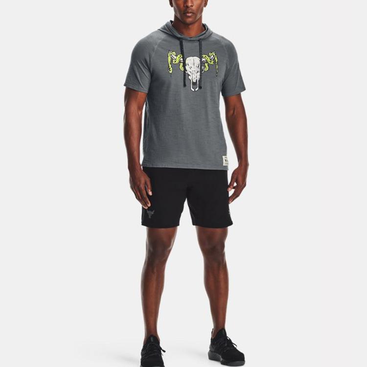 Under Armour Project Rock Johnson Sports Casual Hooded Short Sleeve T-Shirt Men Tops Dark-Grey 1361719-012