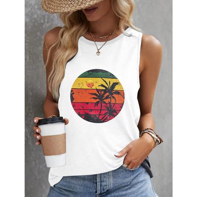 Women's Sun Printed Sleeveless T-shirt, Summer and Spring Casual Sleeveless Top