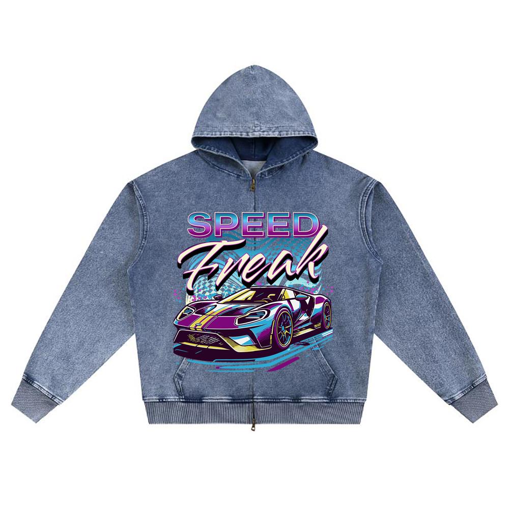DTG print Knitted Denim Zip-Up Hoodie Speed Freak Neon Street Racing Sports Car Brother Print Zipper Hoodies  