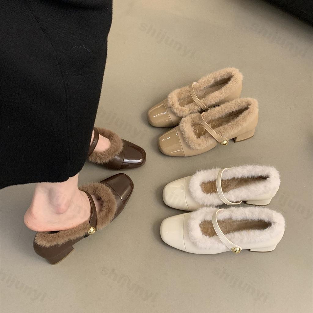 Fashion Elegant Metal Buckle Mary Janes Woman 2024 Comfort Fur Low Heel Dress Shoes Ladies Winter Warm Plush Belt Pumps Zapatos De Mujer