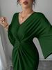 2026 European Summer Women's Batwing Sleeve V-neck French Knot Slit Dress