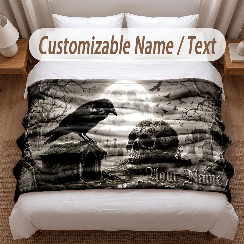 Skull Gothic Theme Soft Blanket Personalized Custom Name Text Print Warm Blanket Home Sofa Bedroom Decor