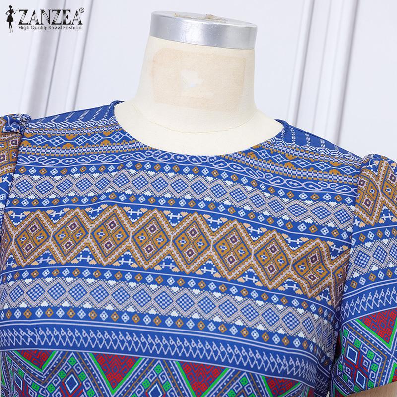 ZANZEA Damska codzienna sukienka z okrągłym dekoltem, letnia, z krótkim rękawem i nadrukiem