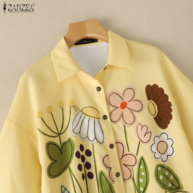 ZANZEA Women Casual Turn Down Collar Floral Print Loose 3/4 Sleeve Blouse