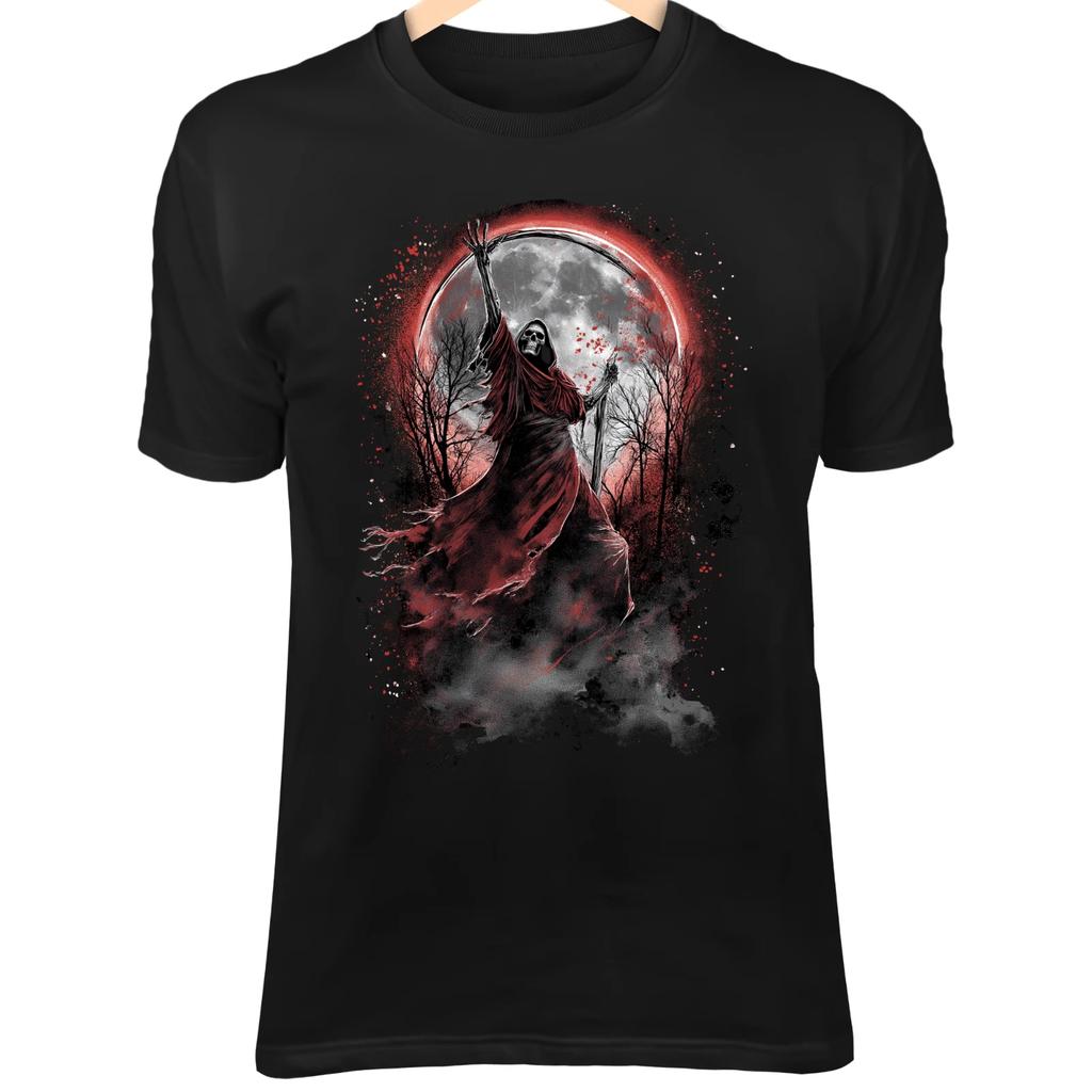Fractured Moon Reaper T-Shirt – Skeletal Cloak, Red Energy, Gothic Dark Art
