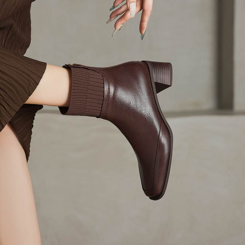 Krazing Pot Sheepskin Autumn Winter Shoes Thick Heels Size 42 Square Toe Zipper Knitwear Vintage Ankle Boots