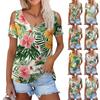 Women's Summer Fashion Casual Floral Printed Strapless V-Neck Short Sleeve T-Shirt Top